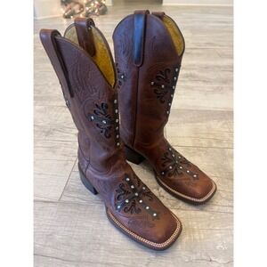 Stunning Brown Leather Square Toe Cowboy Boots Embellished Cross Design  6.5 B